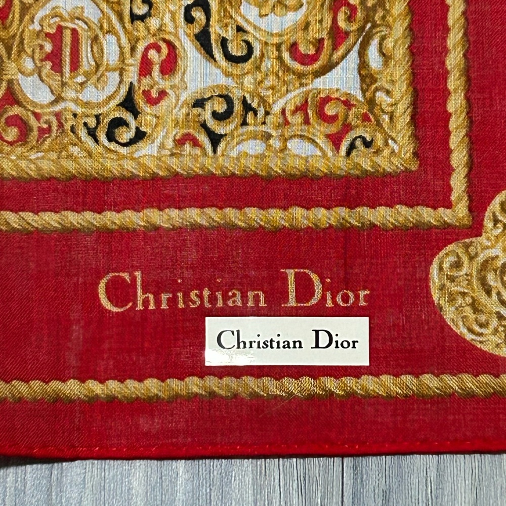 Vintage Christian Dior Red & Gold Cotton Handkerchief - Picture 5 of 11